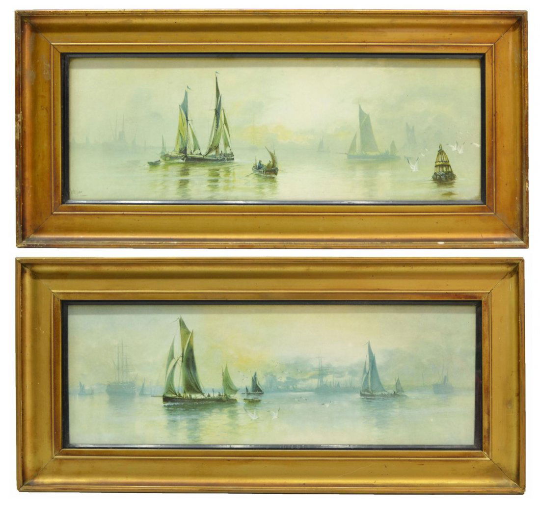 (2) NAUTICAL PRINTS, E. FLETCHER (1857-1945): (lot of 2) Harbor prints with sail ships, one signed E. Fletcher (Edward Henry Eugene Fletcher, British, 1857-1945), both sight: 7"h, 20"w, overall: 11.25"h, 20.5"w, total: 6.5lbs Start Price: $50.00