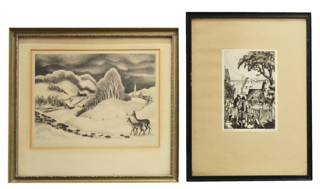 (2) ERNEST FIENE & E.B. WARREN PRINTS UNDER GLASS: (lot of 2) Framed figural and landscape prints, comprising: (1) lithograph on paper, "After the Blizzard," pencil signed lower right Ernest Fiene 36 (American, 1894-1965), Repro printed lower left, a