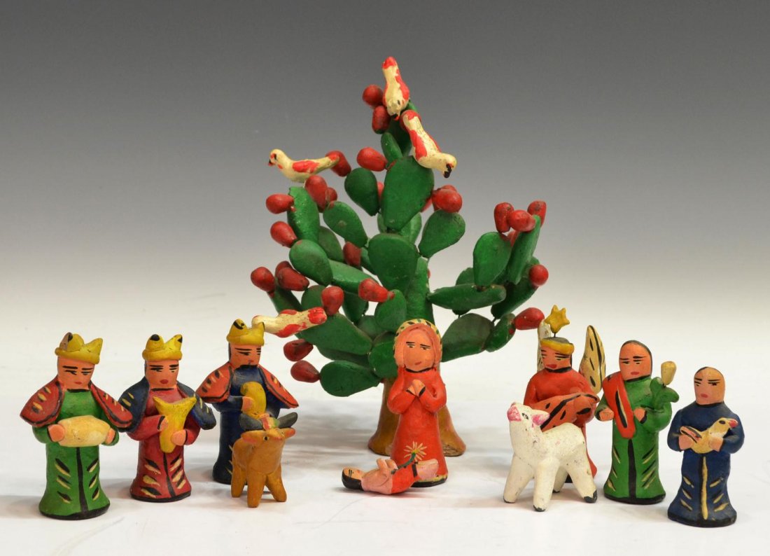 (11) VINTAGE NATIVITY, CANDELARIO MEDRANO, MEXICO: (lot of 11) Folk art ceramic nativity scene, by Candelario Medrano (Mexico, 1918-1986), c. 1960's, comprising (10) figures, the largest: 4.25"h; together with (1) ceramic cactus with birds, large chip