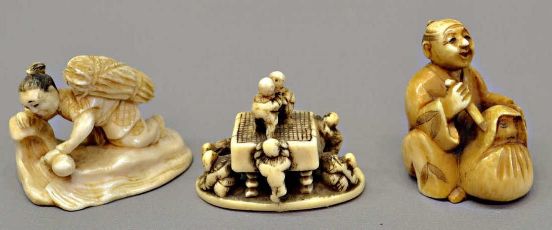 (3) JAPANESE IVORY FIGURAL CARVINGS: *International shipping is not available on this lot* (lot of 3) Japanese ivory figural carvings, including: (1) a farmer resting with a large bundle of straw on his back, 1.25öh, 1.5öl; (1) a carve