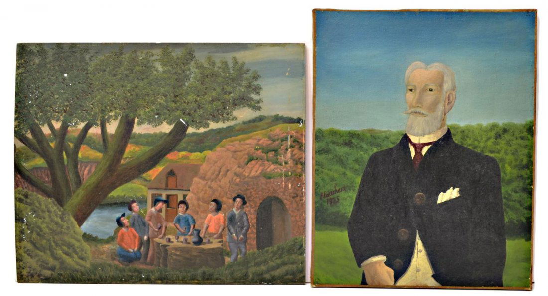 (2) UNFRAMED OIL PAINTINGS, ANDRE BAUCHANT, FRANCE: (lot of 2) Unframed paintings, both by Andre Bauchant (France, 1873-1958), comprising: (1) painting on canvas, Portrait of a Man, signed and dated 1925 left center, 20"h, 16"w; (1) painting on board,