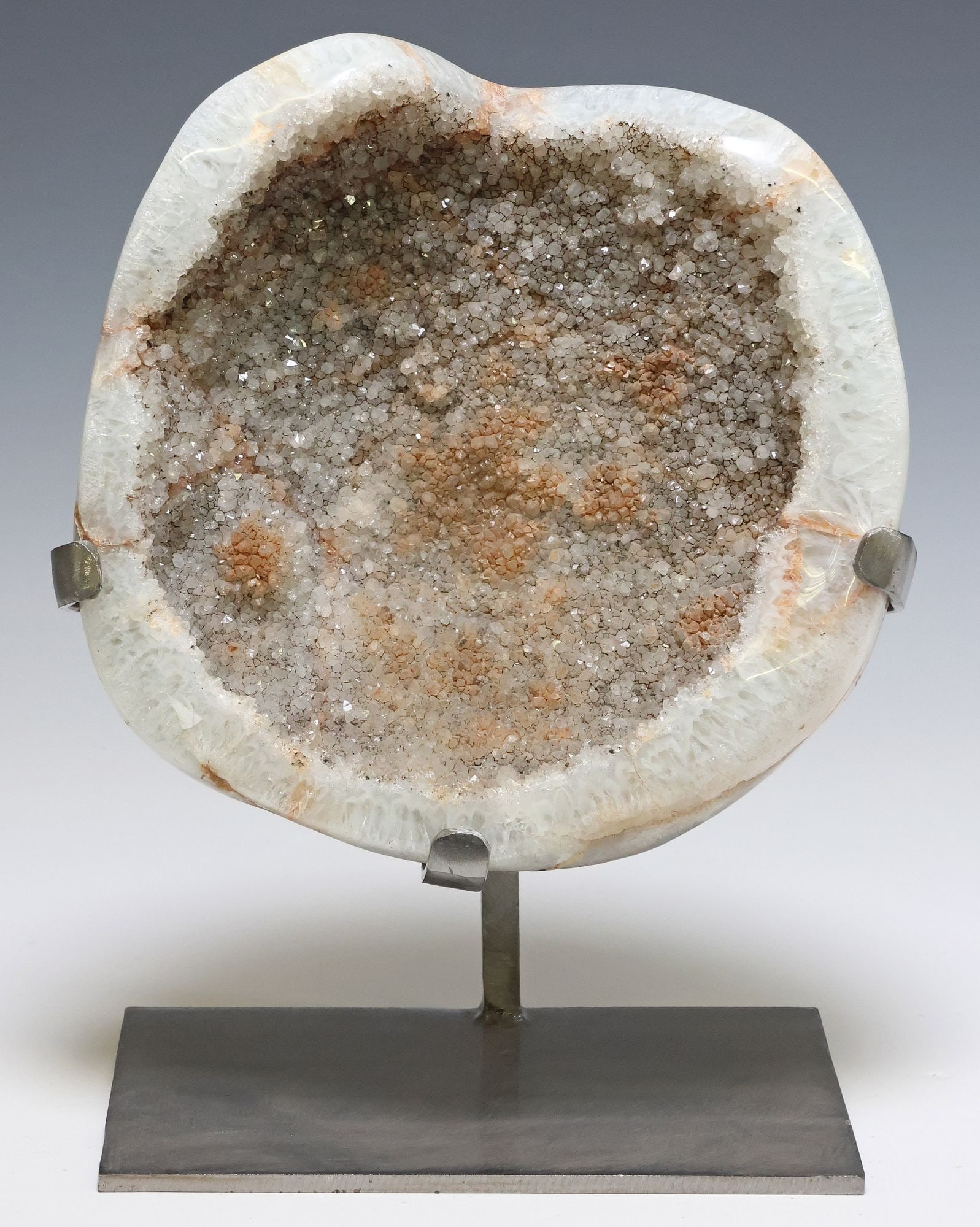 GEOLOGICAL QUARTZ CLUSTER GEODE ON STAINLESS STEEL STAND (1 of 4)