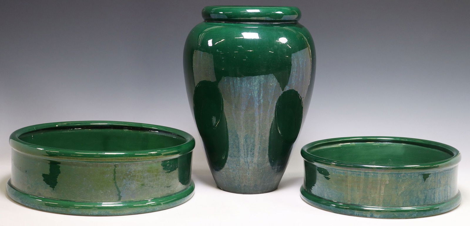 (3) GREEN GLAZED CERAMIC HOUSEWARE, UMBRELLA STAND & PLANTERS (1 of 6)