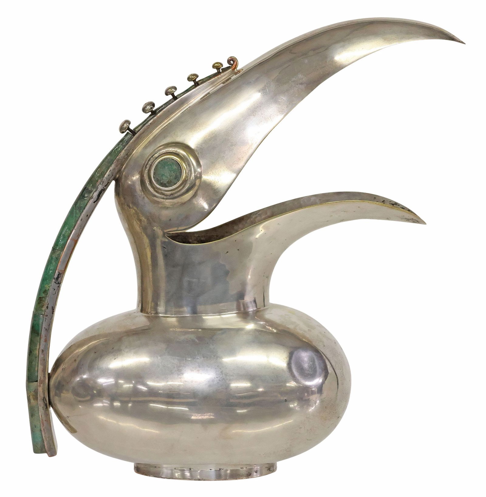 LOS CASTILLOS TAXCO SILVERPLATE & GREEN STONE TOUCAN-FORM PITCHER (1 of 6)