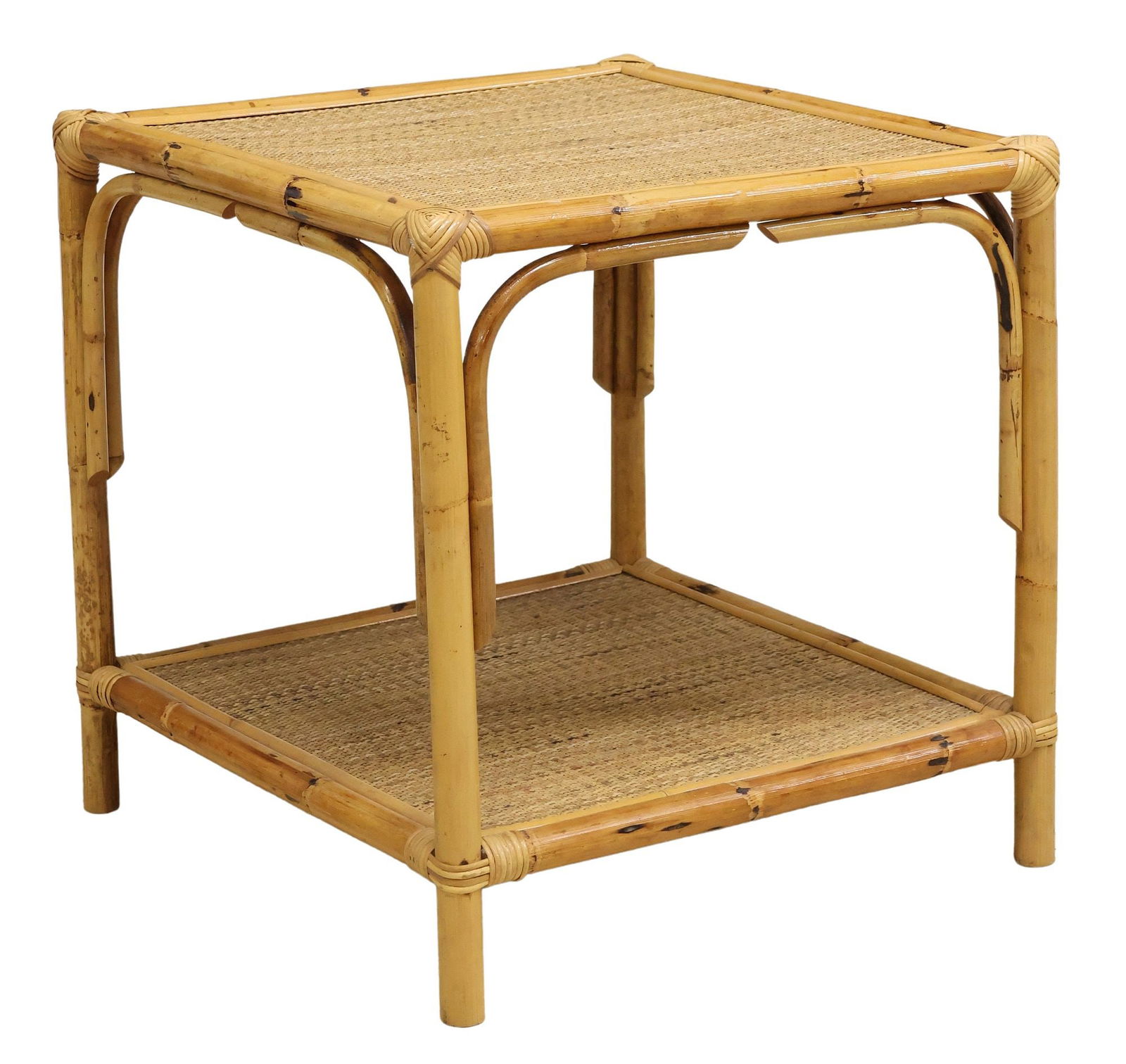 VINTAGE BAMBOO & WOVEN RATTAN TWO-TIER SIDE TABLE (1 of 4)
