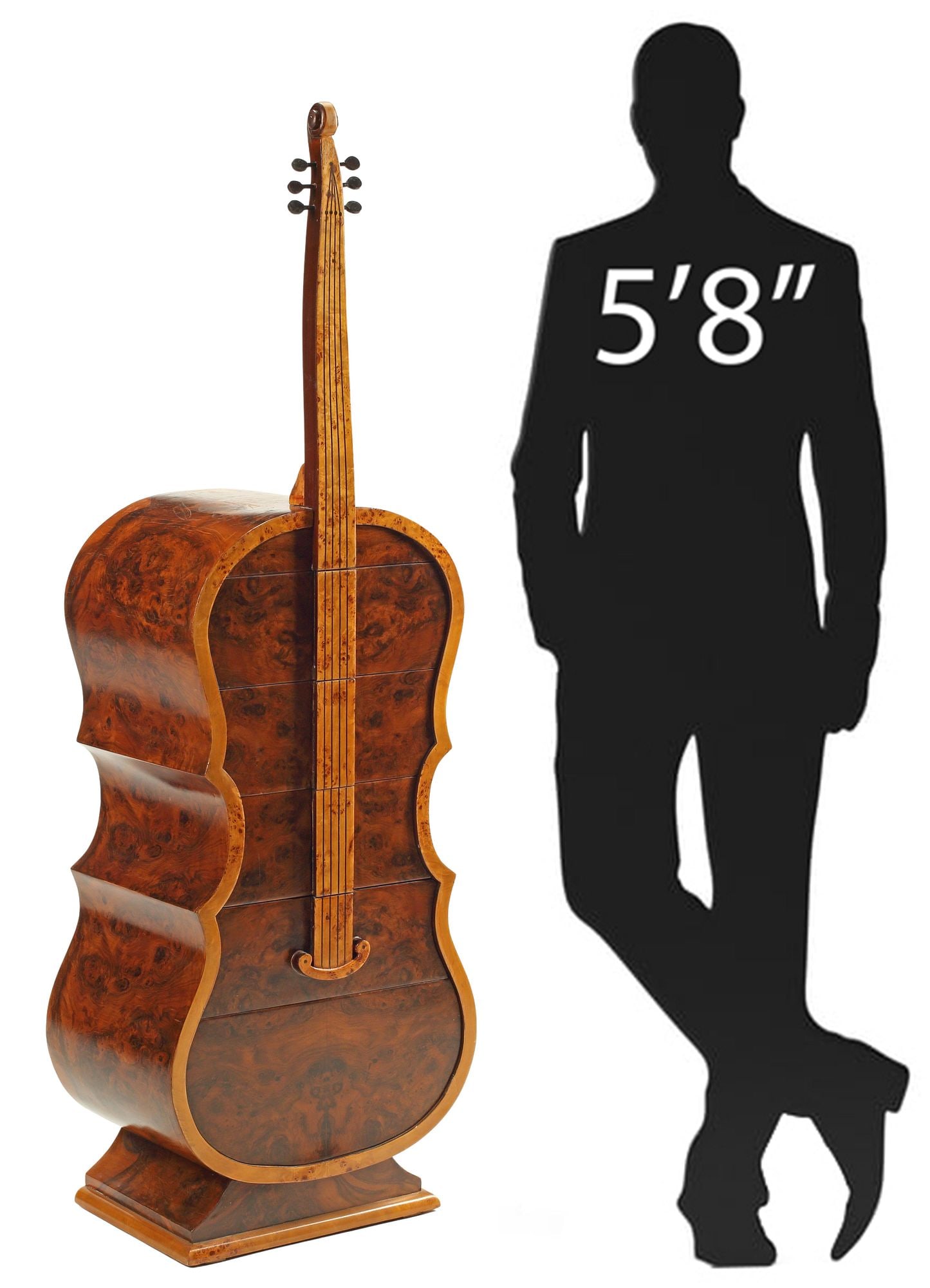 CELLO-SHAPED BURLWOOD CHEST OF DRAWERS (1 of 6)