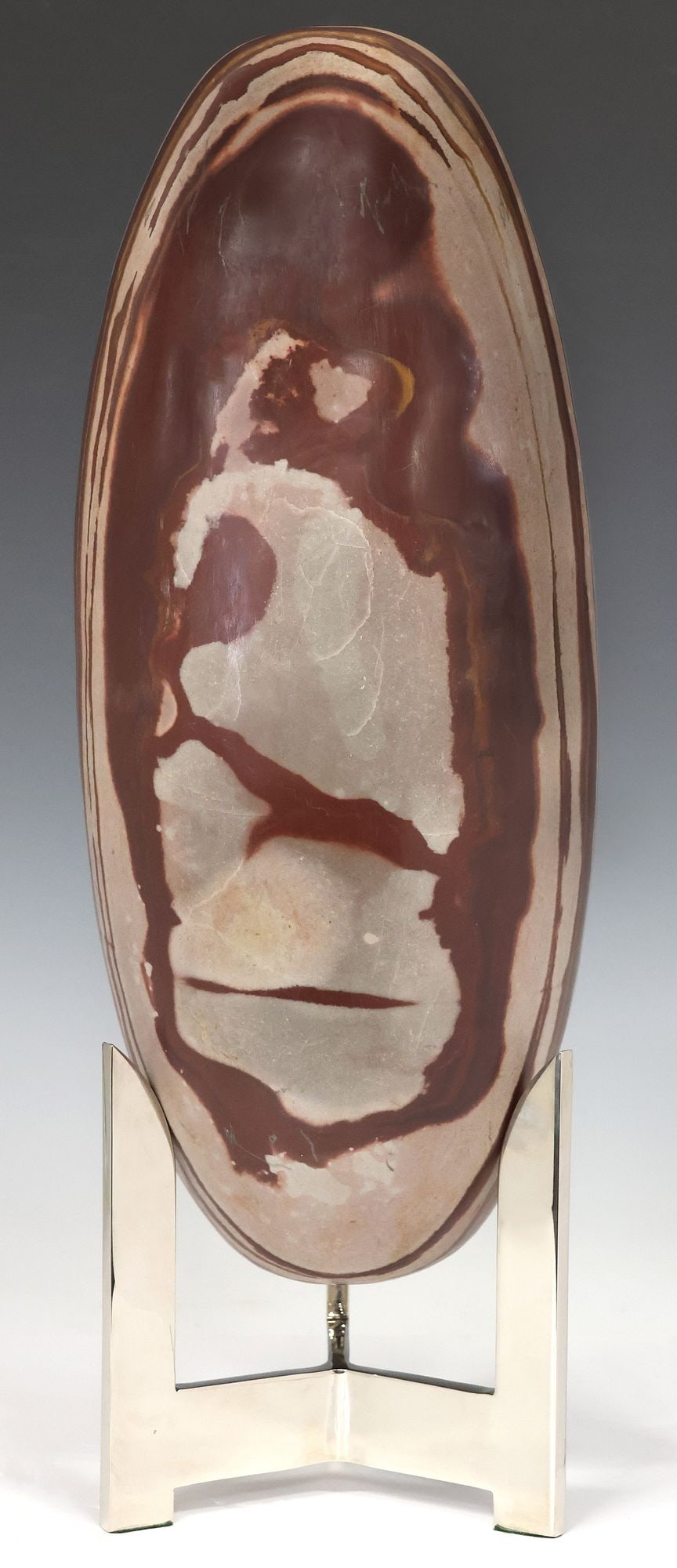 LARGE GEOLOGICAL SHIVA LINGAM STONE ON CHROMED METAL STAND, 21.5"H (1 of 3)