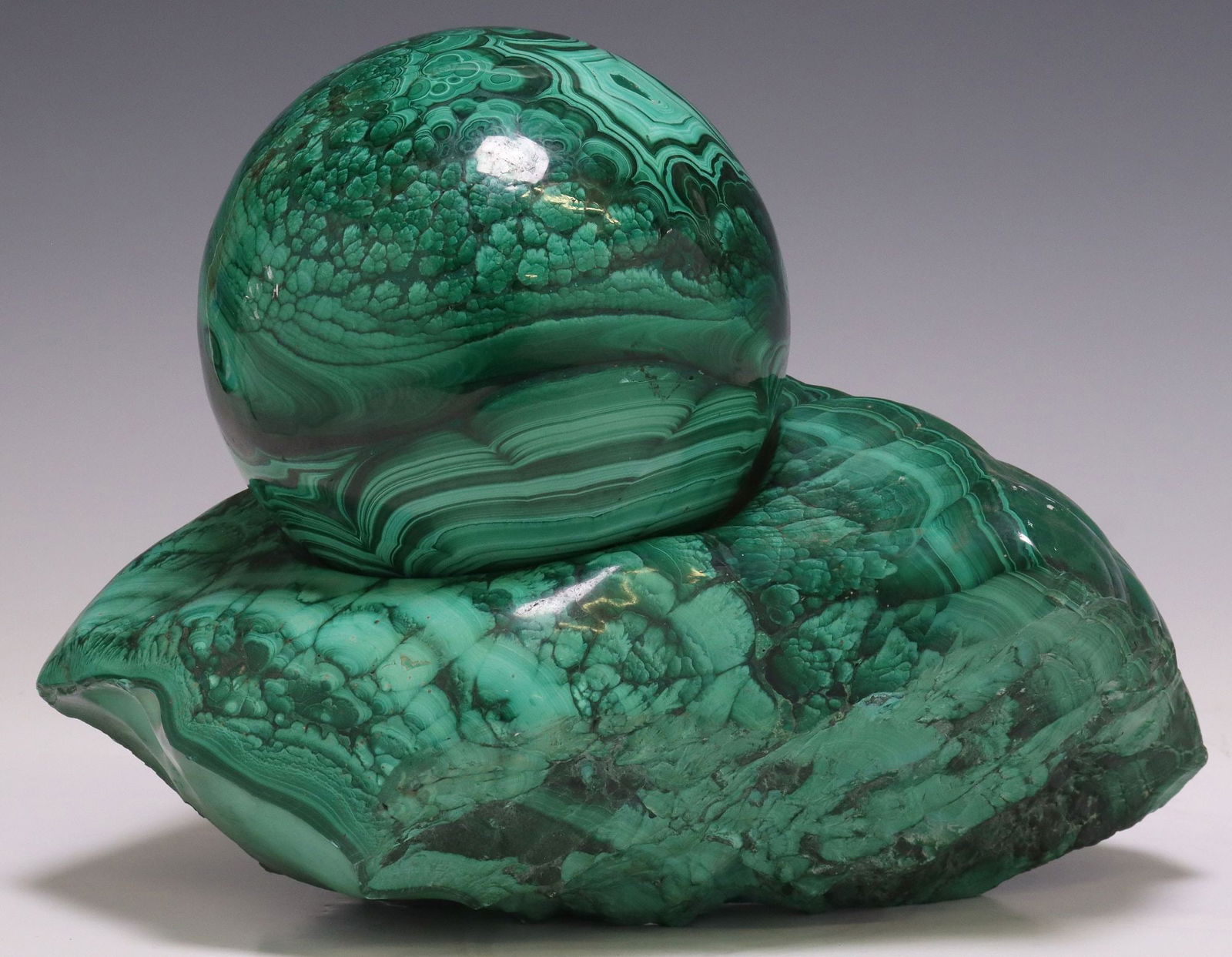 LARGE POLISHED MALACHITE SPHERE ON NATURALISTIC BASE (1 of 5)