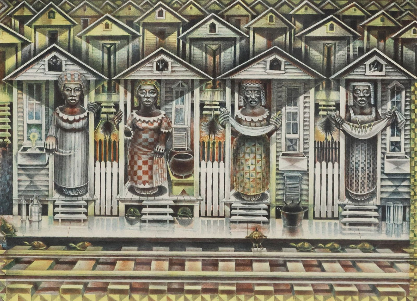 JOHN T. BIGGERS (1924-2001) LITHOGRAPH 'FOUR SEASONS': Framed lithograph in colors on paper, "Four Seasons," signed lower right John Biggers (John Thomas Biggers, American, 1924-2001), dated [19]90, numbered 53/ 120, printed and published by Hand Graphics