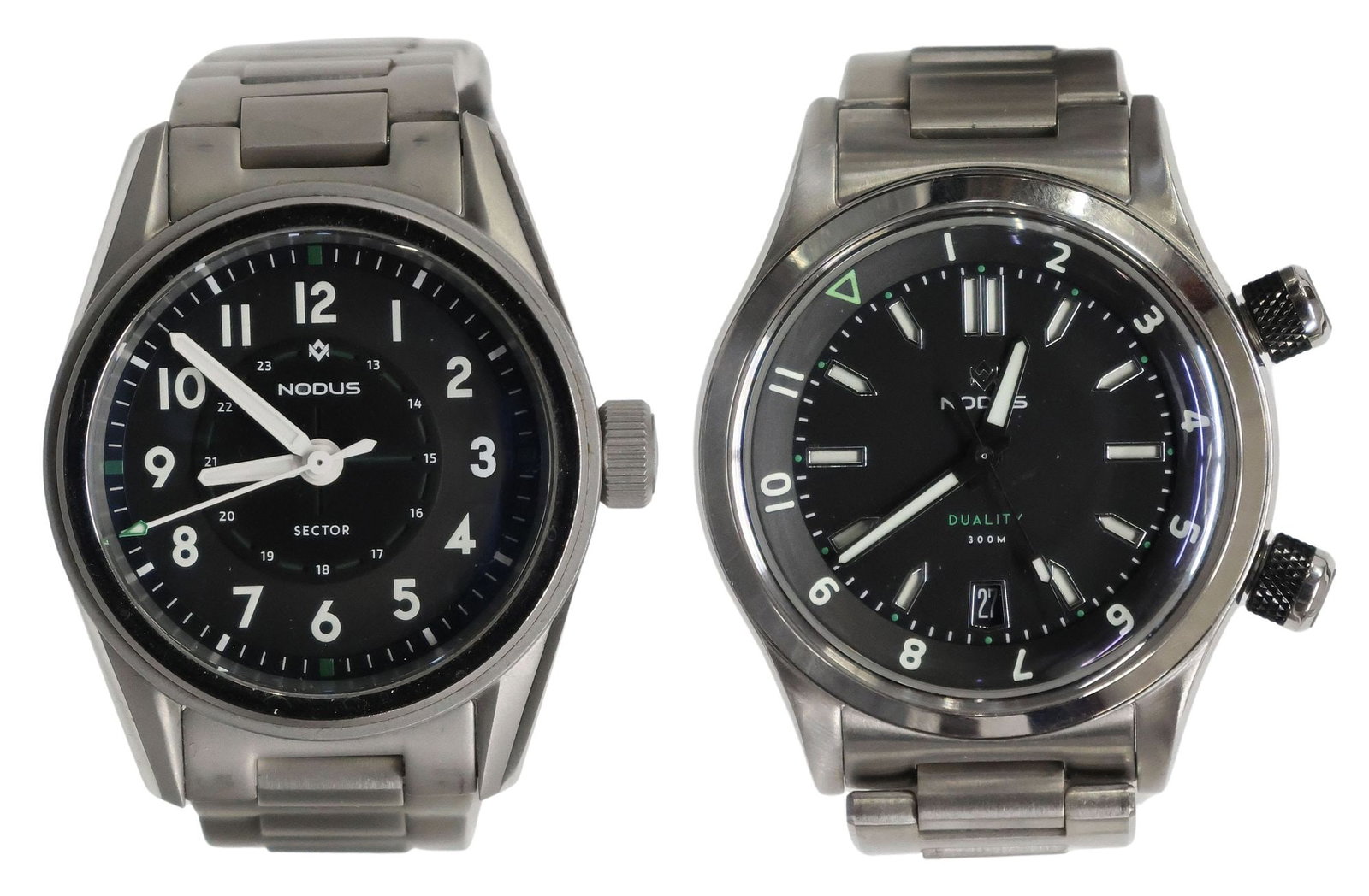 (2) NODUS DUALITY & SECTOR FIELD STAINLESS STEEL AUTOMATIC WATCHES: (lot of 2) Nodus stainless steel wristwatches, each with self-winding mechanical movement, on stainless steel bracelet, accompanied by Nodus branded box and instruction manual, both observed operating