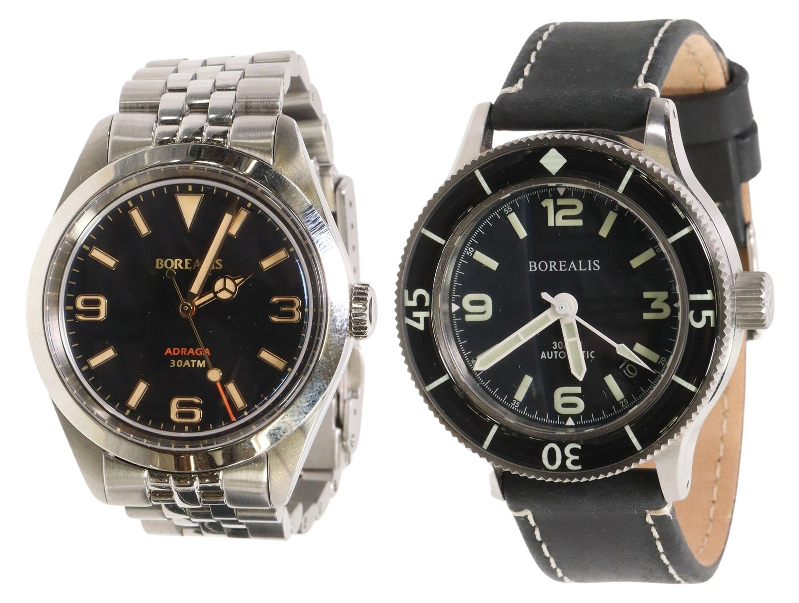 (2) BOREALIS ADRAGA & SEA STORM AUTOMATIC WATCHES: (lot of 2) Borealis Watch Company wristwatches, housed in branded cases, observed operating, including: (1) Adraga, stainless steel case, black dial with gilt Arabic numeral and baton indexes, Mi