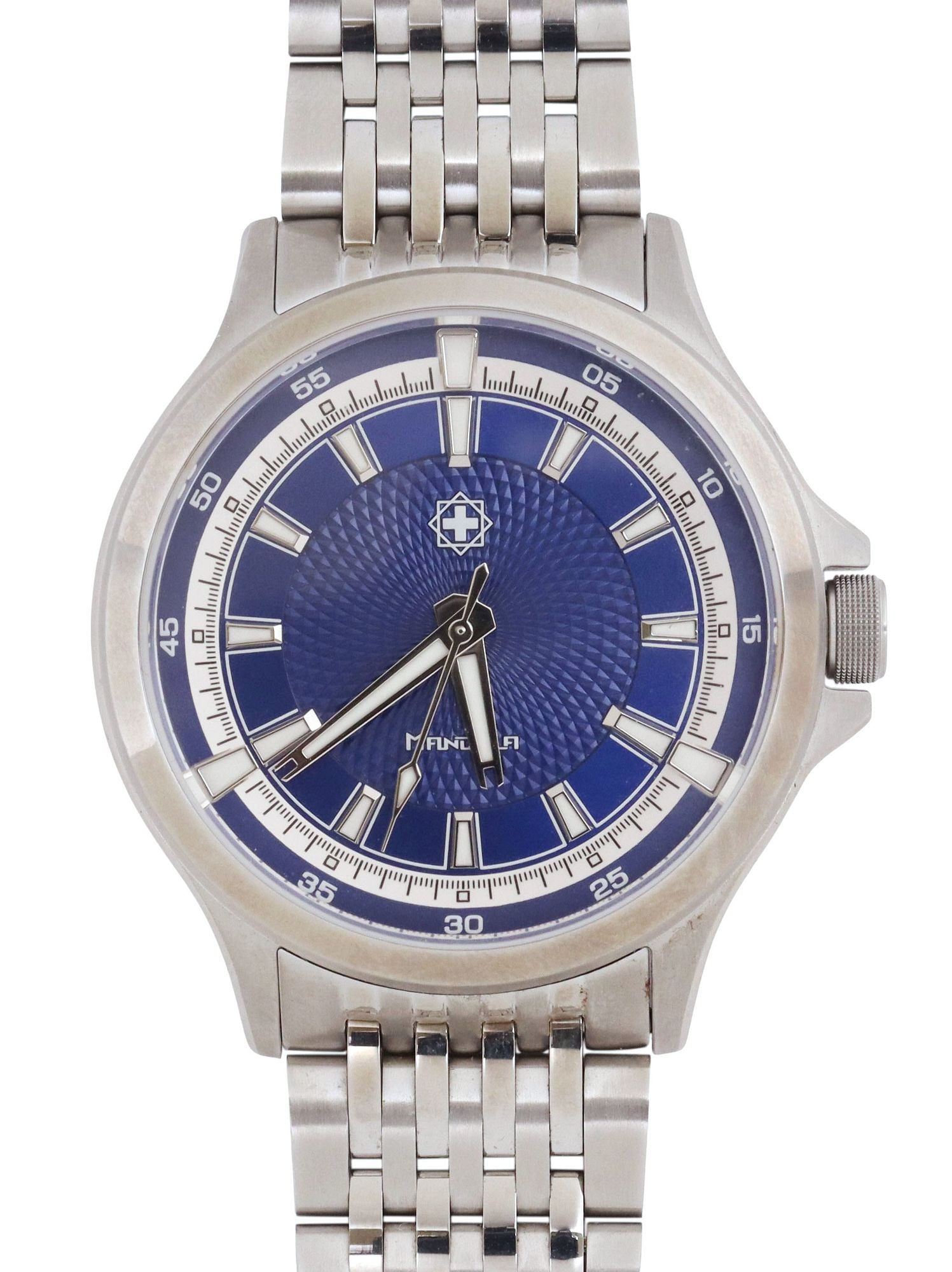 SECOND HOUR MANDALA AUTOMATIC WATCH GUILLOCHE BLUE DIAL: Second Hour Mandala wristwatch, stainless steel case, blue dial with baton indexes, guilloche center dial pattern, automatic movement, open case back, on a stainless steel bracelet with additional lin