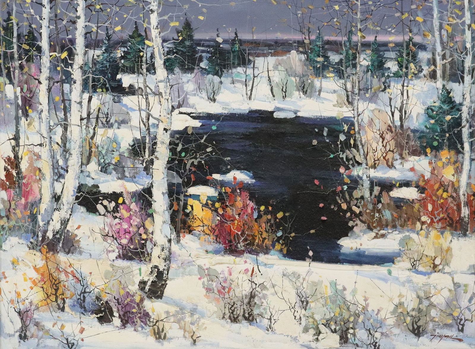 TINYAN CHAN (B.1943) WINTER LANDSCAPE OIL PAINTING, 30" X 40" (1 of 6)
