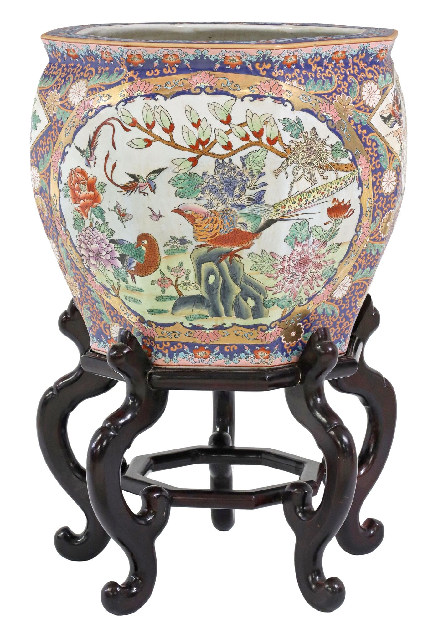 LARGE CHINESE PARCEL GILT PORCELAIN FISH BOWL ON STAND (1 of 6)