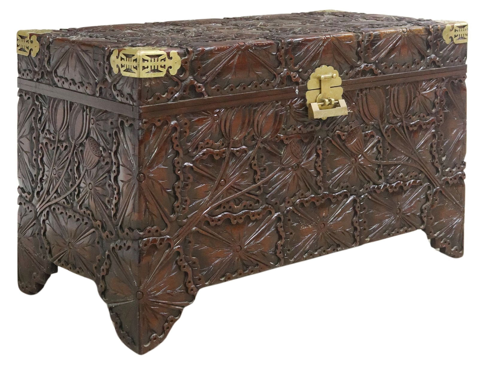 LARGE CHINESE HARDWOOD CARVED 'LOTUS' COFFER/ STORAGE TRUNK (1 of 5)