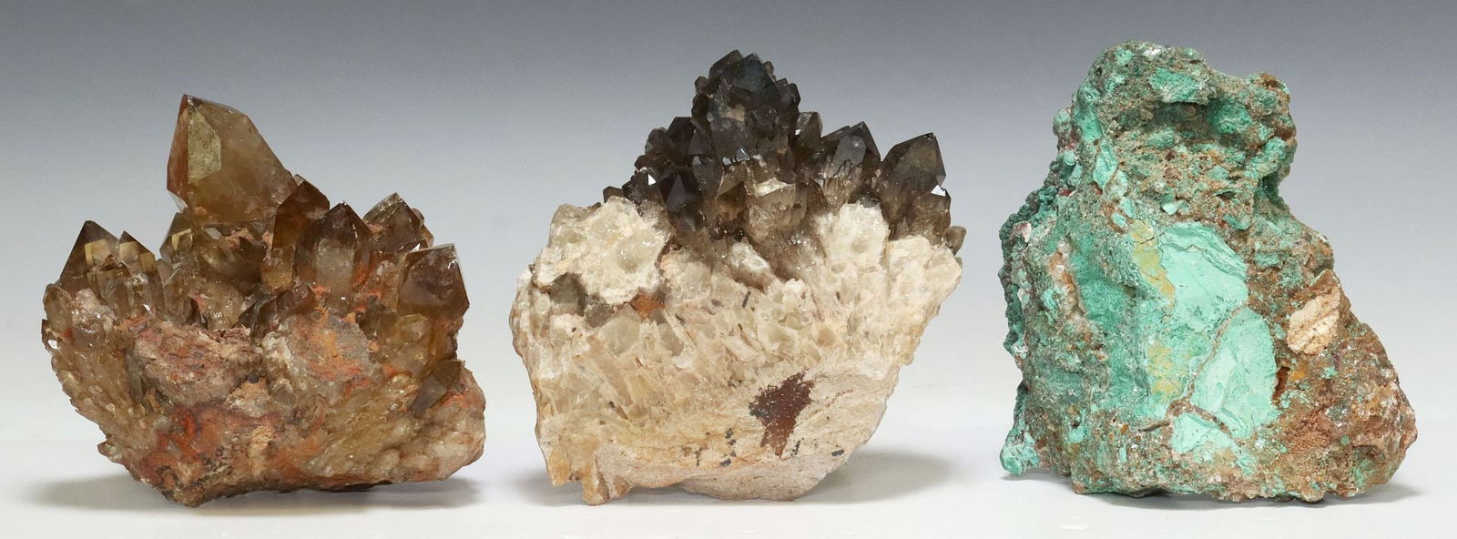 (3) GEOLOGICAL CLUSTER SPECIMENS: QUARTZ & RAW MALACHITE (1 of 5)