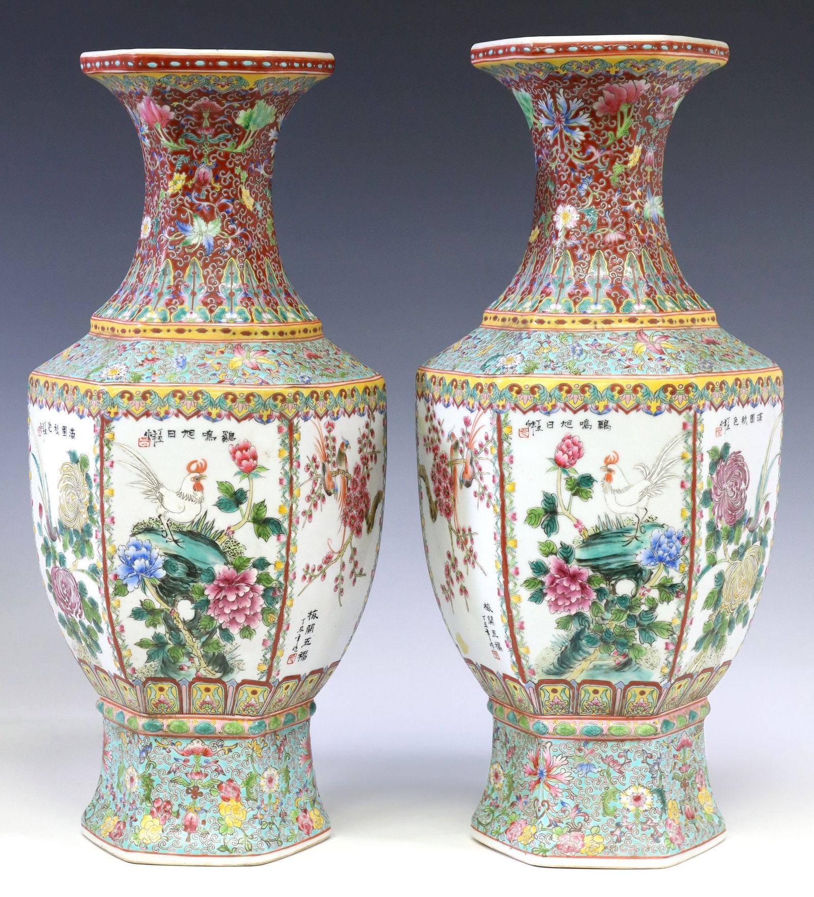 (2) CHINESE FAMILLE ROSE PORCELAIN HEXAGONAL VASES (1 of 5)