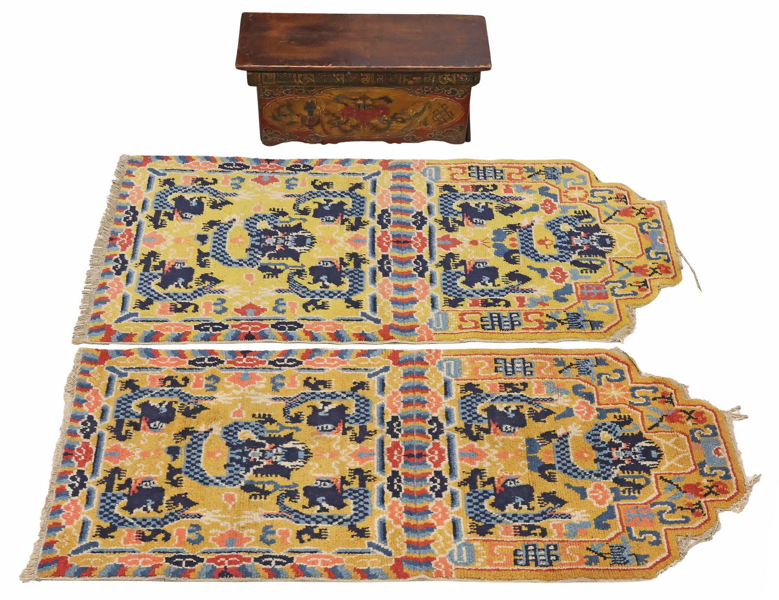 (3) ANTIQUE ASIAN ITEMS: TIBETAN CHOKTSE TABLE & CHINESE THRONE COVERS (1 of 11)