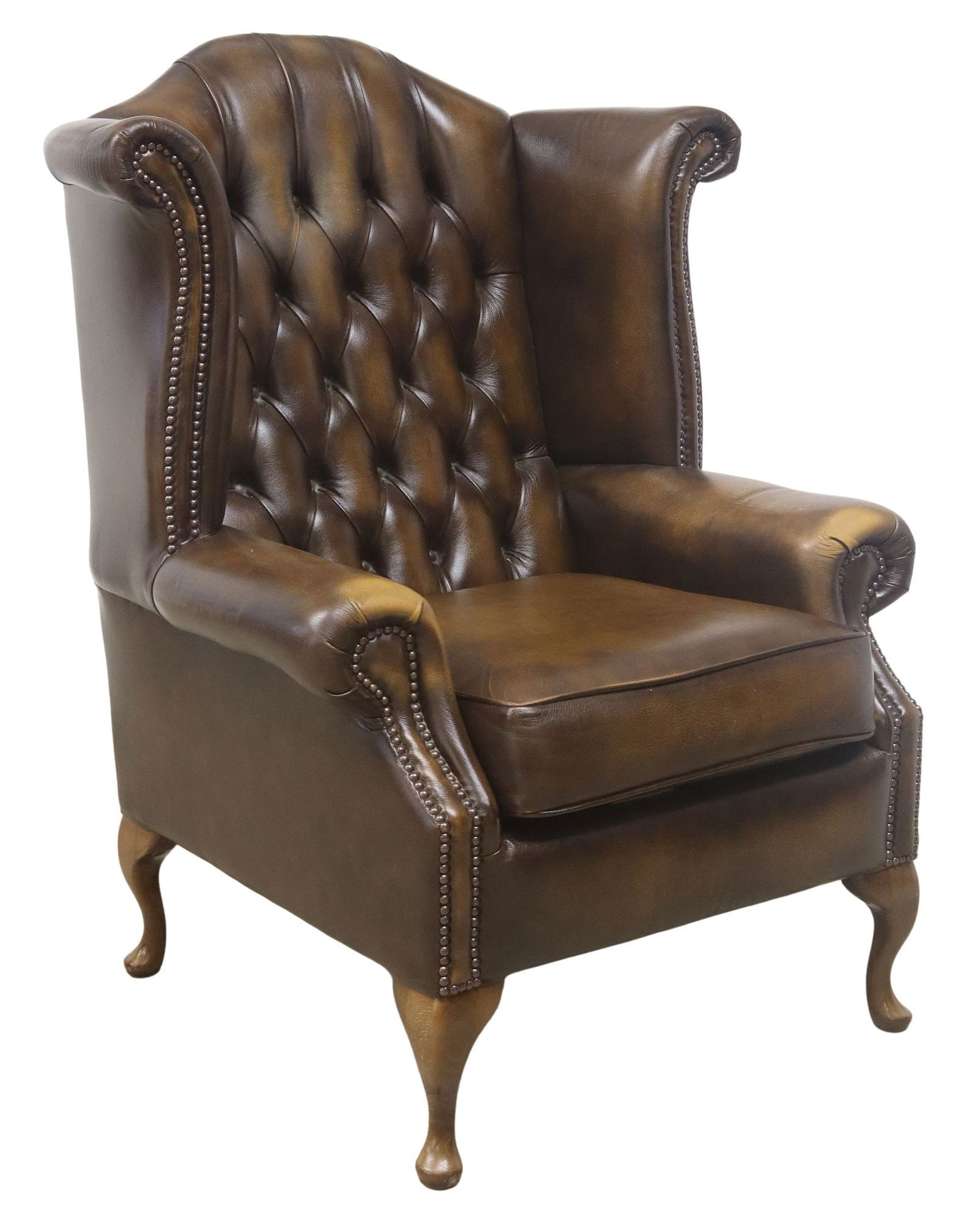 ENGLISH QUEEN ANNE STYLE BROWN LEATHER WINGBACK ARMCHAIR (1 of 3)