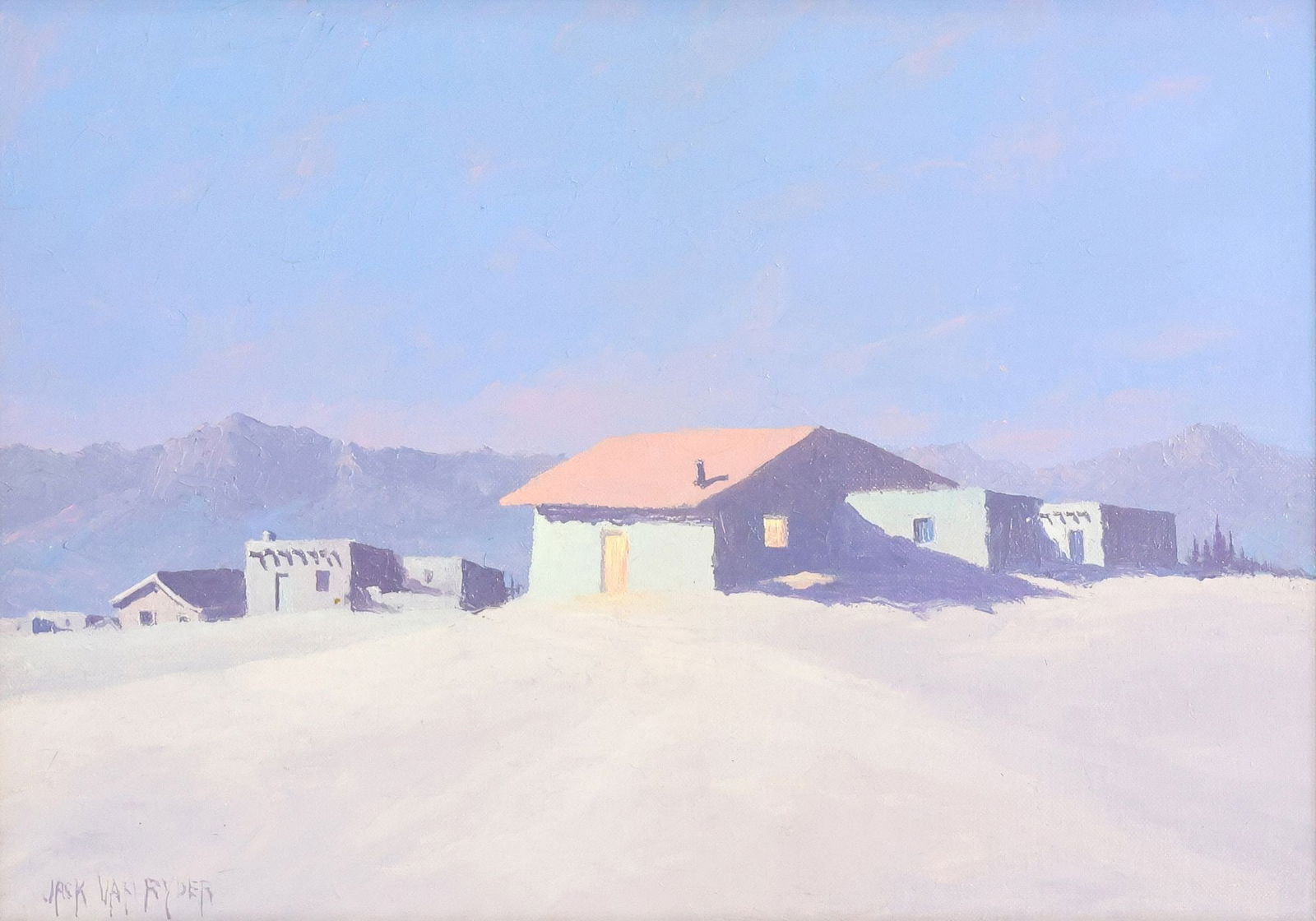 JACK VAN RYDER (1899-1967) WESTERN OIL PAINTING, DESERT VILLAGE MOONRISE: Framed oil on board painting, Desert Village Moonrise, signed lower left Jack Van Ryder (American, active in Arizona, 1899-1967), printed artist's biography verso, sight: approx 9.5"h,