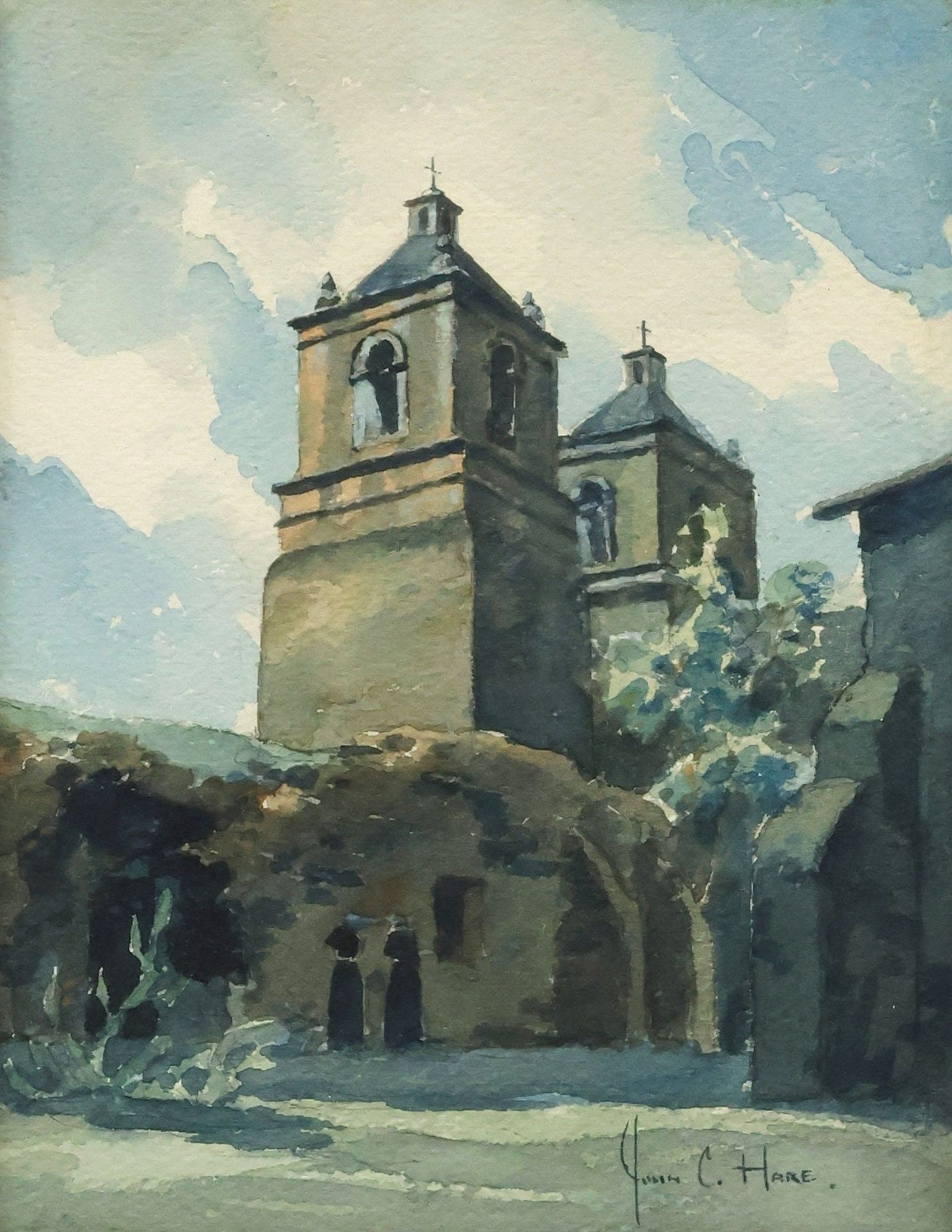 JOHN C. HARE (1908-1978) WATERCOLOR MISSION CONCEPCION, SAN ANTONIO, TX: Framed watercolor painting on paper, "Mission Concepcion, San Antonio, Texas," signed lower right John C. Hare (John Cuthbert Hare, American, 1908-1978), titled verso, sheet mounted to an un
