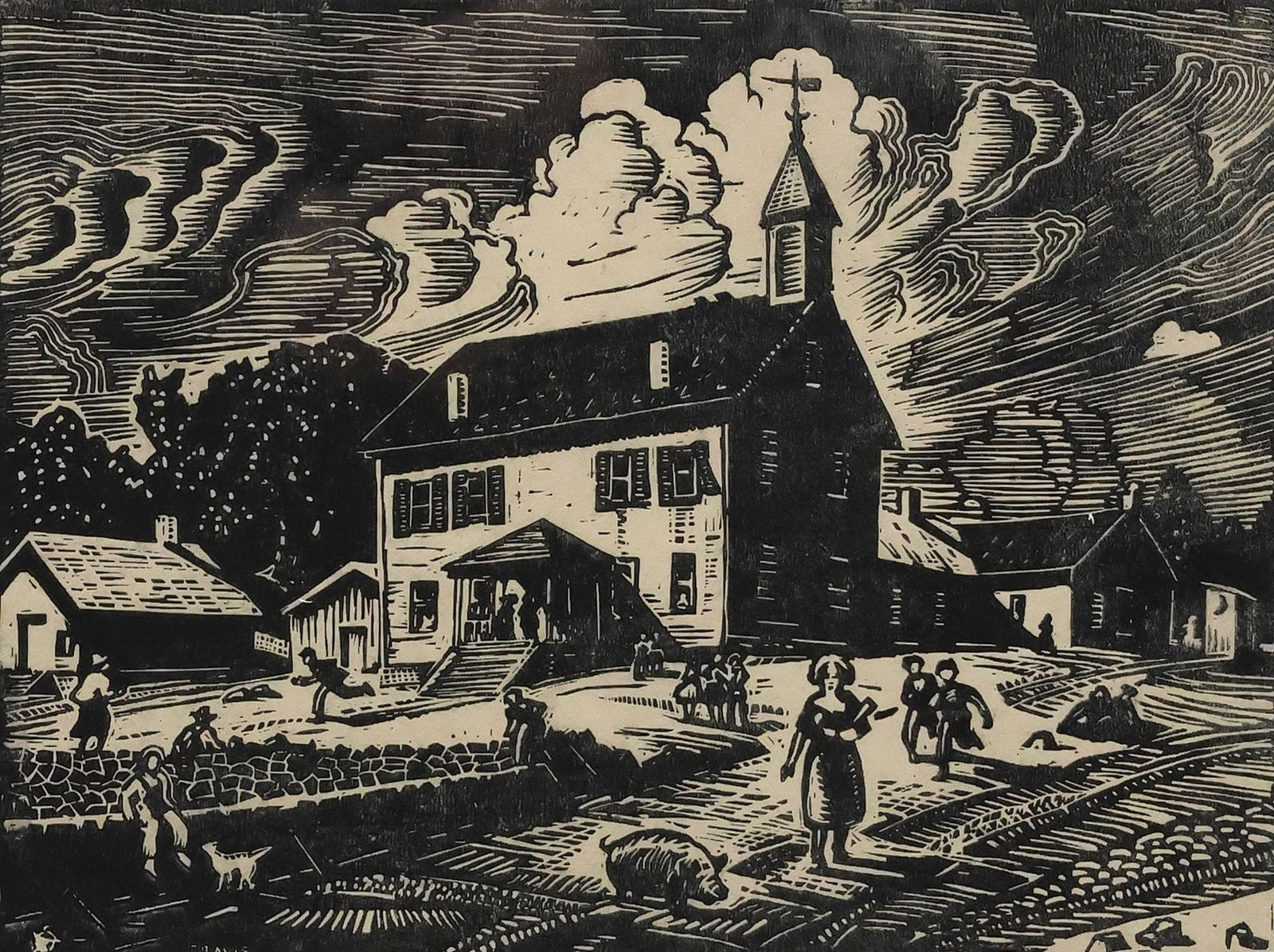 OLIN HERMAN TRAVIS (TX, 1888-1975) LINOCUT PRINT, 'SCHOOL HOUSE OF ST. PAUL, ARK' (1 of 5)