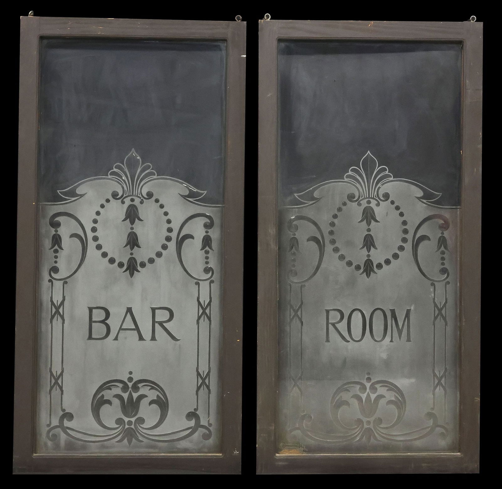 (2) LARGE FROSTED & ETCHED GLASS 'BAR-ROOM' WINDOWS, 54" (1 of 4)
