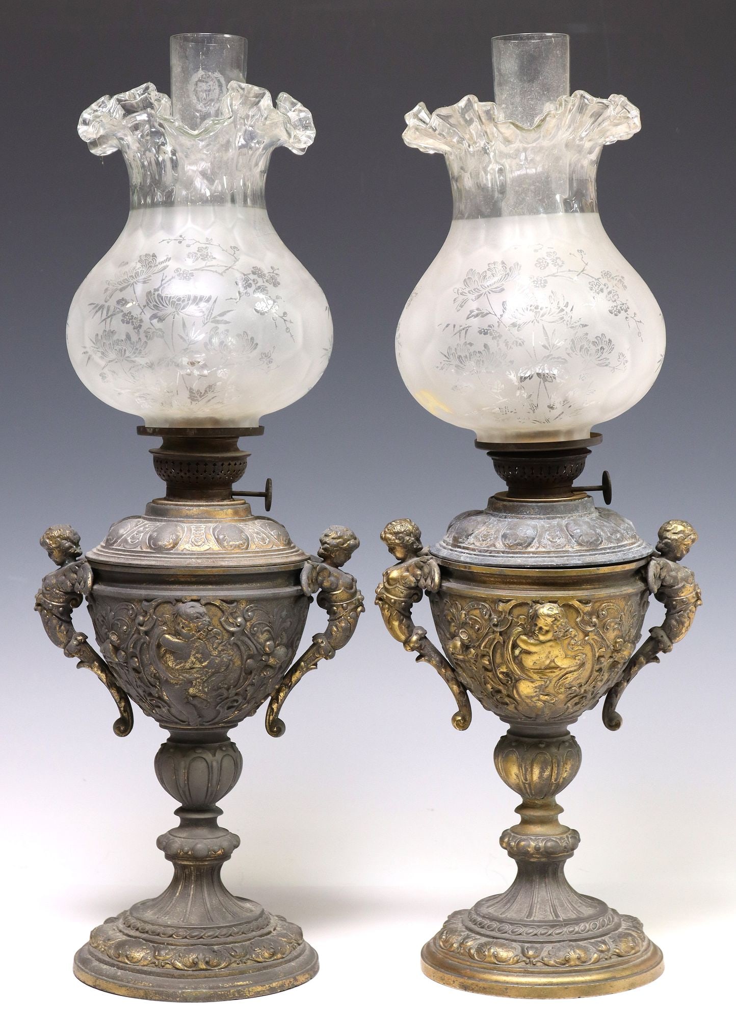 (2) VICTORIAN PATINATED METAL OIL LAMPS WITH GLASS HURRICANE SHADES (1 of 9)
