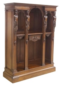 RENAISSANCE REVIVAL WALNUT FIGURAL BOOKCASE DISPLAY CABINET