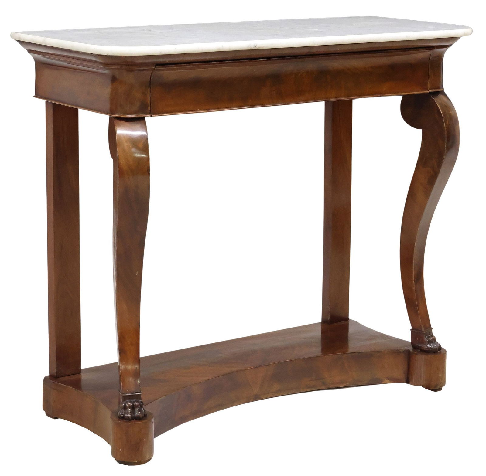 FRENCH EMPIRE STYLE MARBLE-TOP FLAME MAHOGANY CONSOLE TABLE (1 of 6)