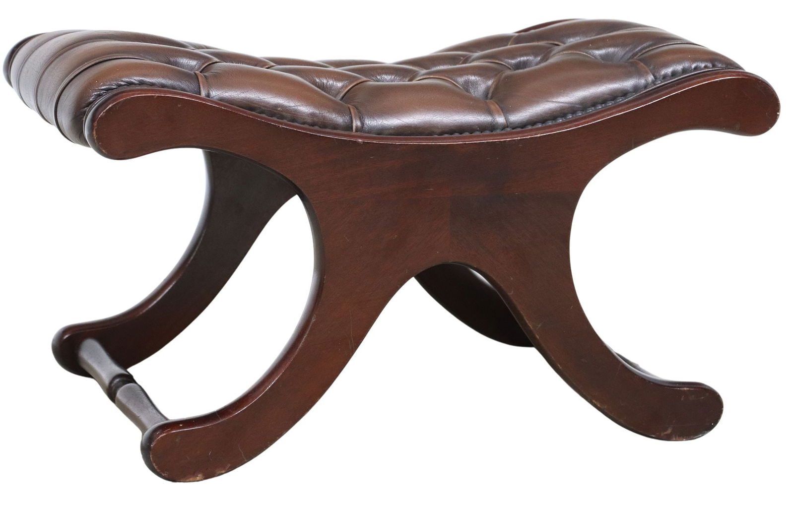 ENGLISH BROWN LEATHER MAHOGANY SADDLE OTTOMAN/STOOL (1 of 4)