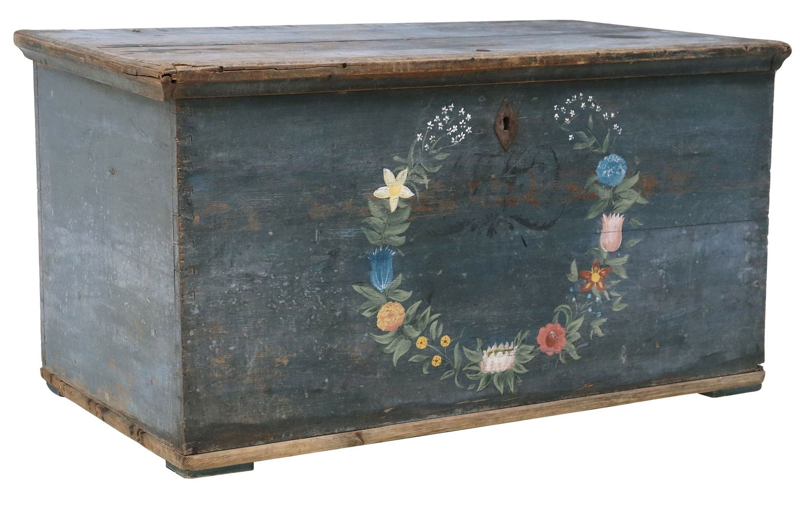SCANDINAVIAN BLUE-PAINTED & POLYCHROME-DECORATED PINE BLANKET CHEST (1 of 6)