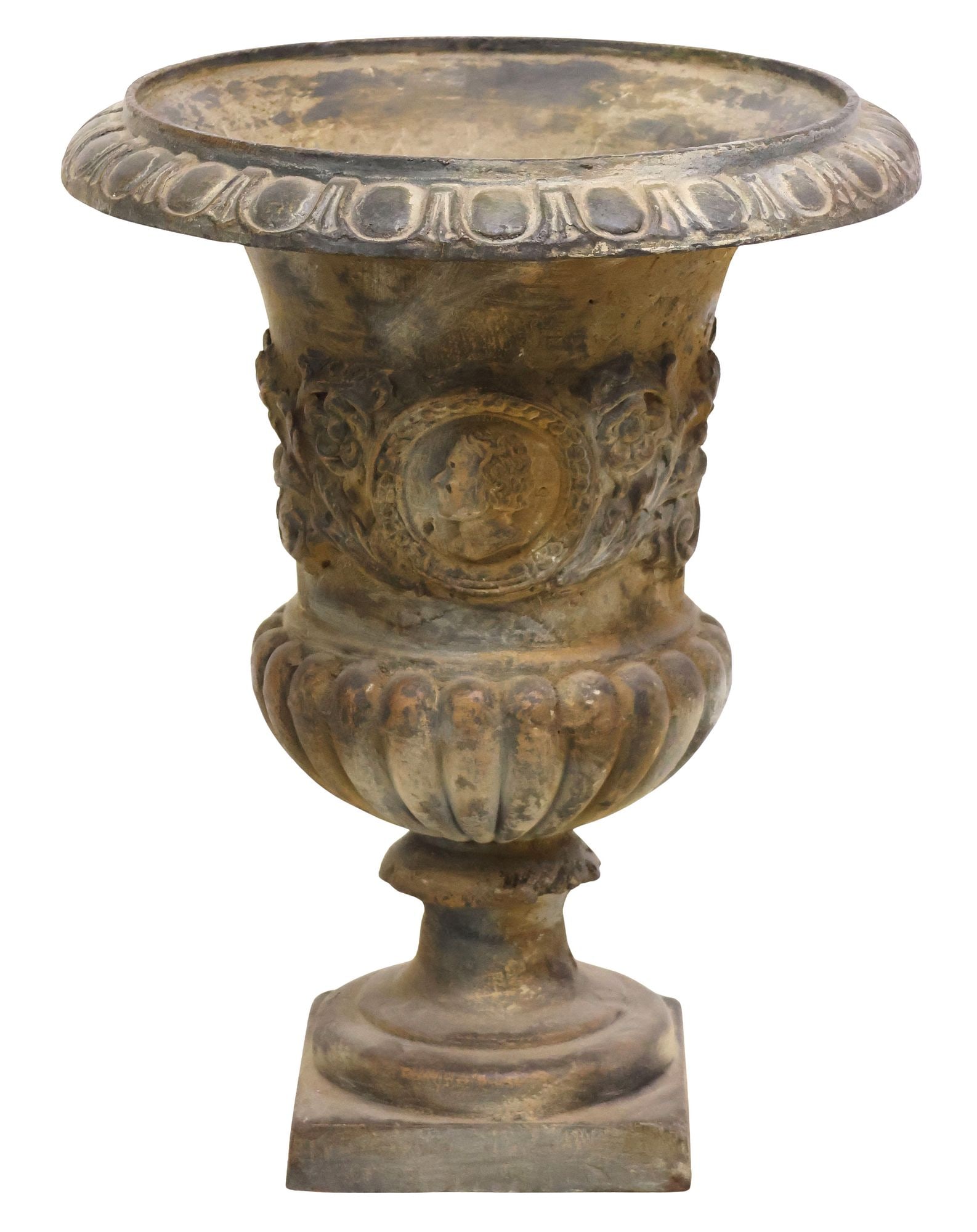 CONTINENTAL CAST IRON CAMPANA-FORM PORTRAIT MOTIF URN: Continental cast iron campana-form urn, having flared rim, over body with portraits and foliate scrollwork, rising on turned and gadrooned base, ending on squared platform, approx 18.5"h, 14