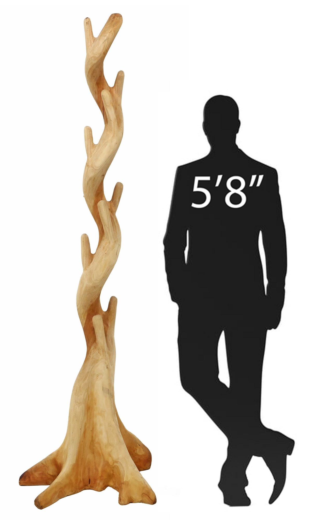 NATURALISTIC TRUNK-FORM CARVED BURLWOOD HALL TREE, 74.5"H: Naturalistic carved burlwood hall tree, 20th c., modeled as a spiral-twisted tree trunk, issuing short branch-form arms, ending on organic flared base, approx 74.5"h, 23"w, 15"d
