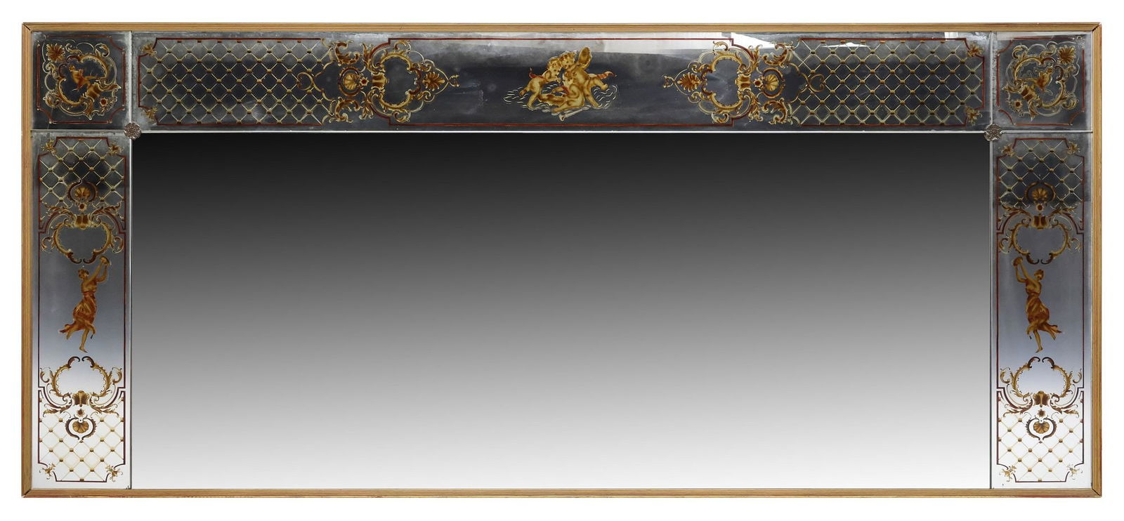 LARGE FRENCH GILTWOOD REVERSE-PAINTED OVERMANTEL MIRROR, 40.5" X 92" (1 of 3)