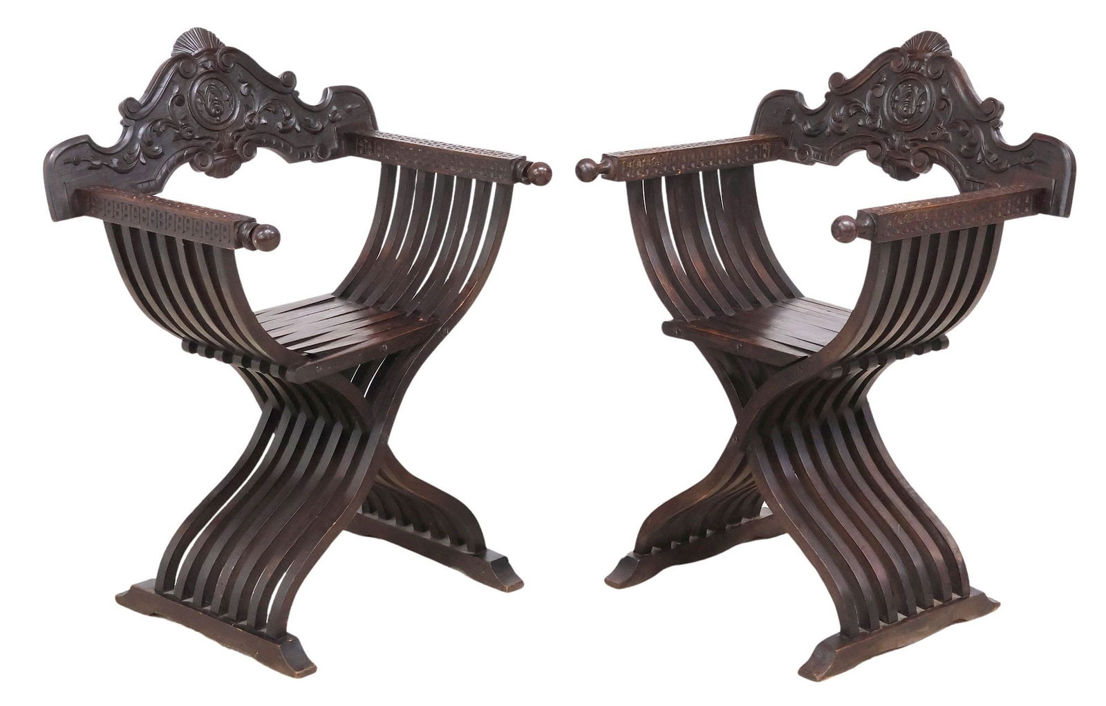 (2) ITALIAN SAVONAROLA CARVED WALNUT CURULE ARMCHAIRS (1 of 4)