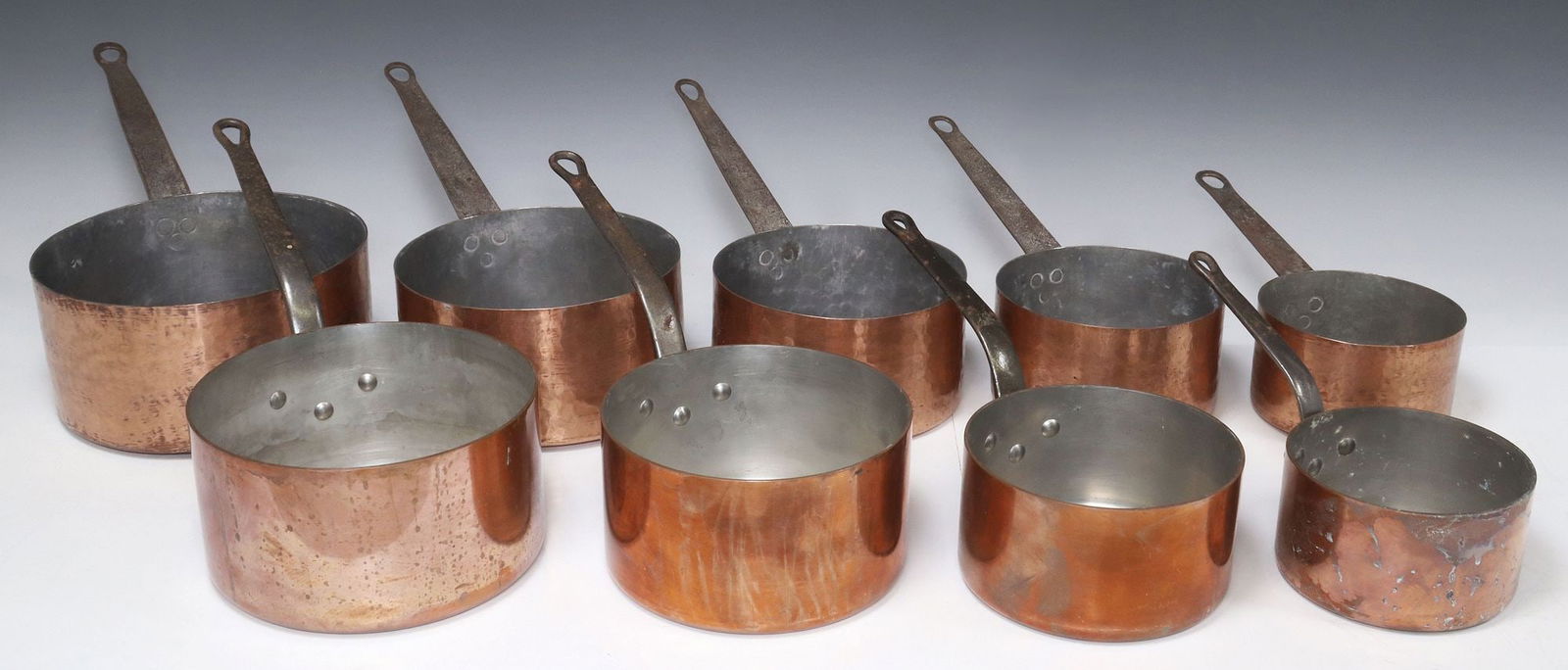 (9) FRENCH GRADUATED COPPER SAUCEPANS, TWO SETS (1 of 5)