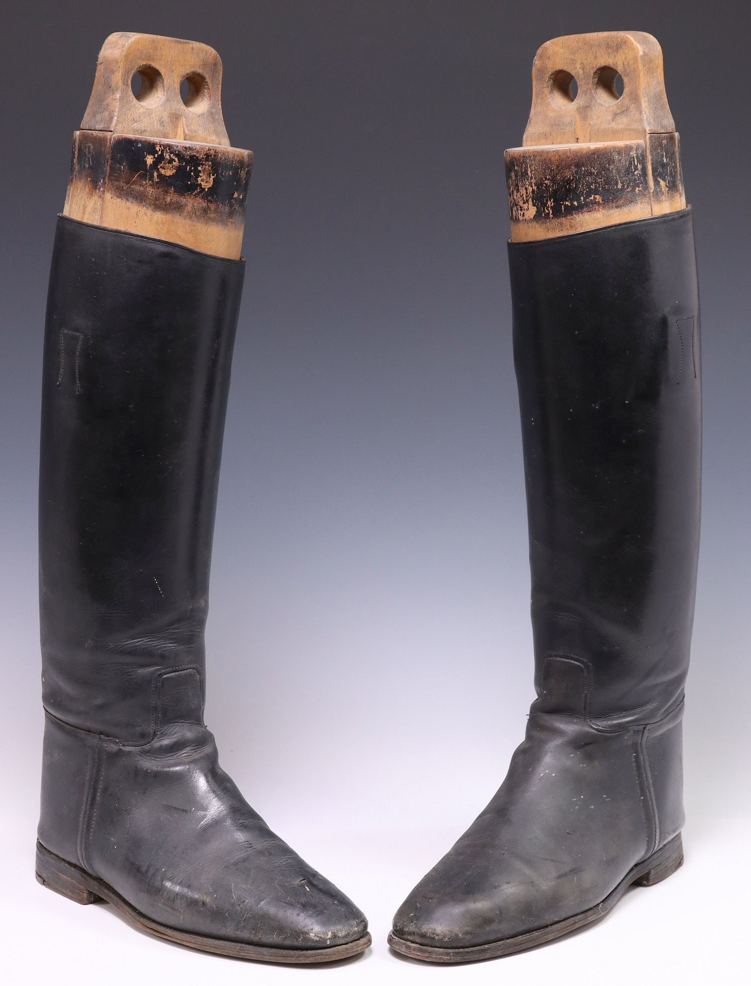(PAIR) ENGLISH BLACK LEATHER RIDING BOOTS WITH TREES: (pair) English black leather riding boots, with boot tree/ shaper, boot: approx 19"h, 12"w, 4"d, overall: approx 23.5"h, 20lbs total
