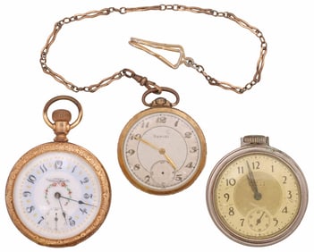 (3) POCKET WATCHES, WALTHAM, HARVEL, WESTCLOX
