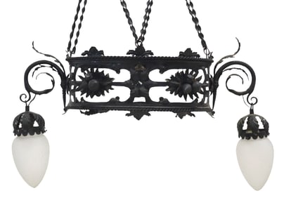 FRENCH WROUGHT IRON & FROSTED GLASS THREE-LIGHT CHANDELIER