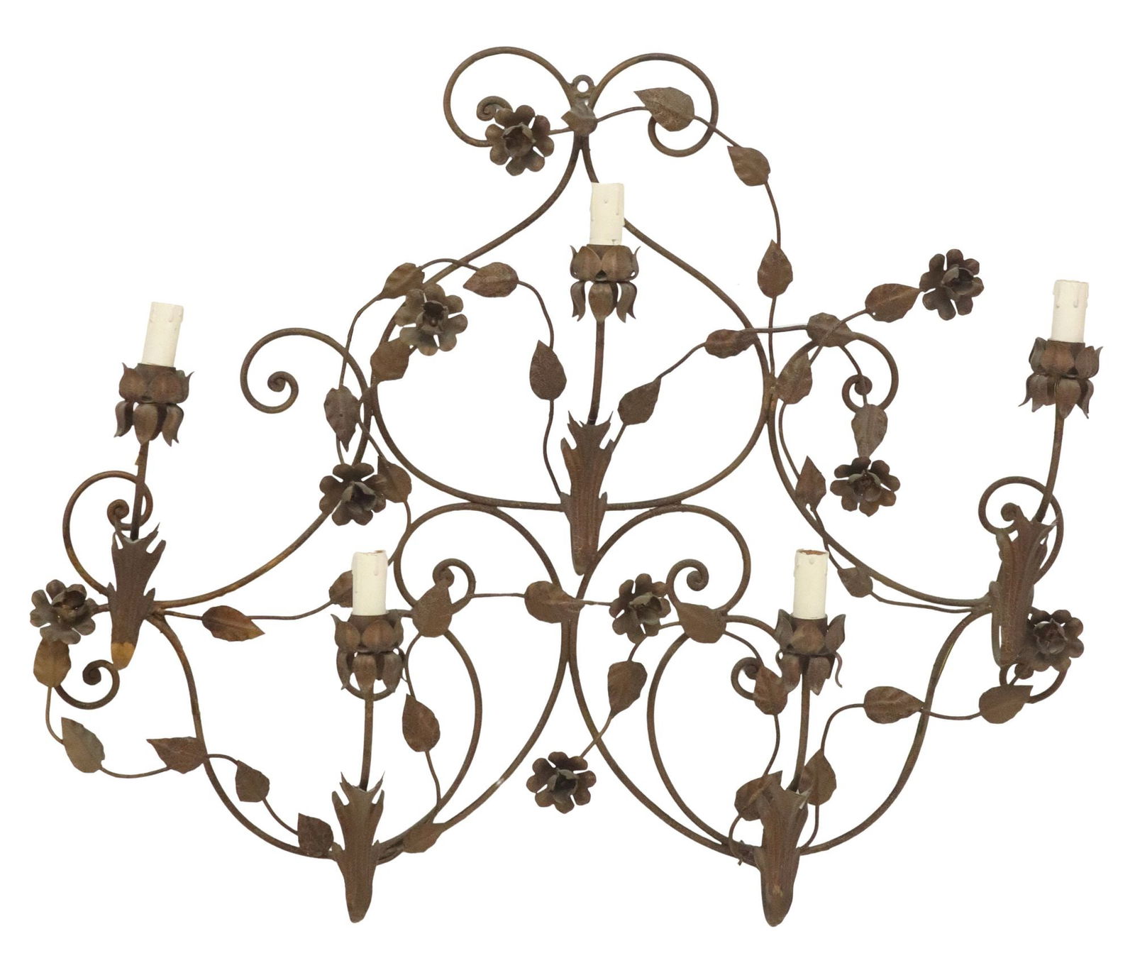 LARGE ITALIAN GILT METAL SCROLLED FOLIATE 5-LT WALL SCONCE, 26" X 31" (1 of 3)