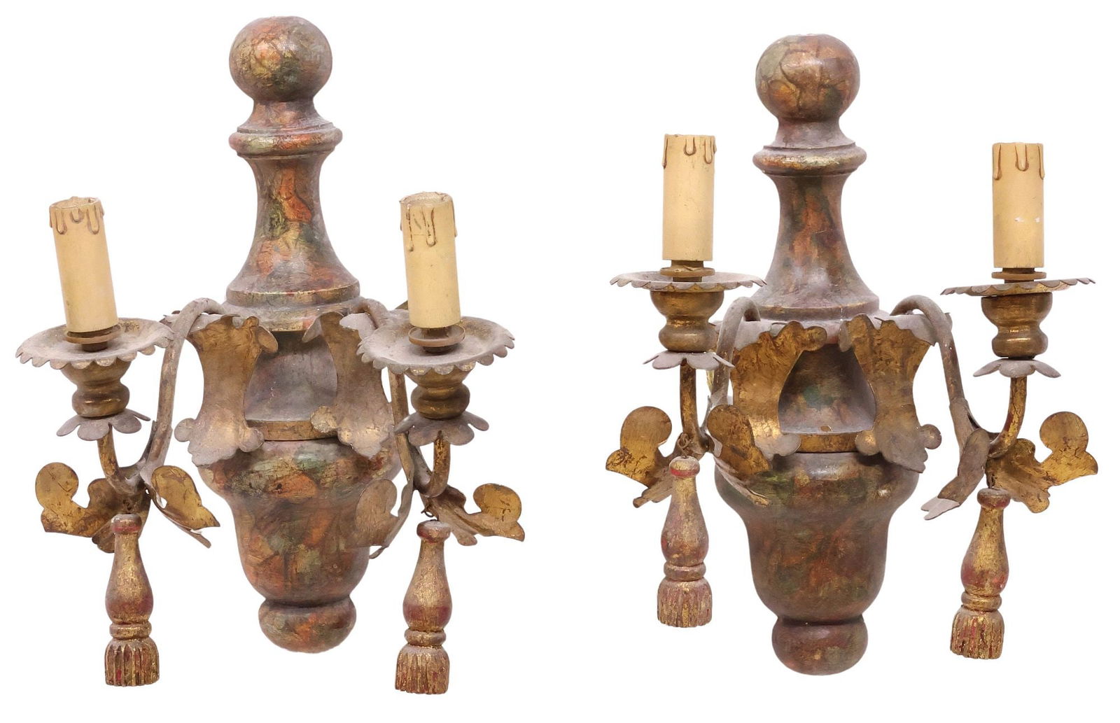 (2) ITALIAN MARBELIZED WOOD & GILT IRON 2-LIGHT WALL SCONCES (1 of 3)