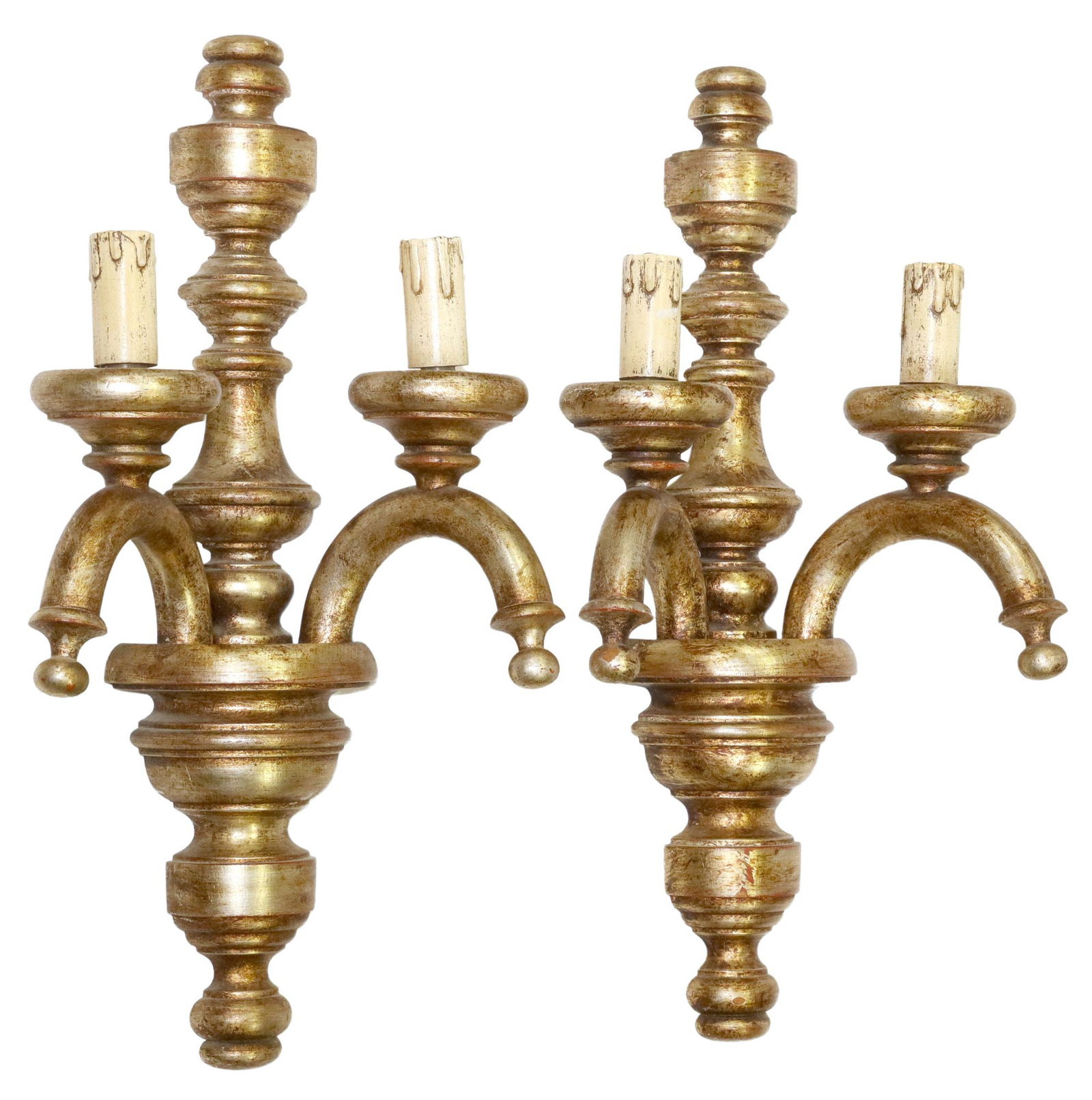 (2) ITALIAN SILVER GILT 2-LT TURNED WOOD WALL SCONCES (1 of 3)
