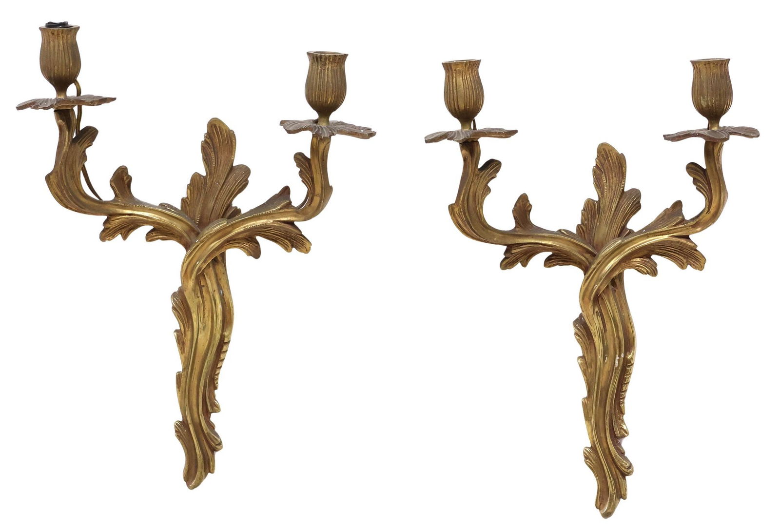 (2) FRENCH LOUIS XV STYLE SCROLLED GILT METAL 2-LT WALL SCONCES (1 of 3)