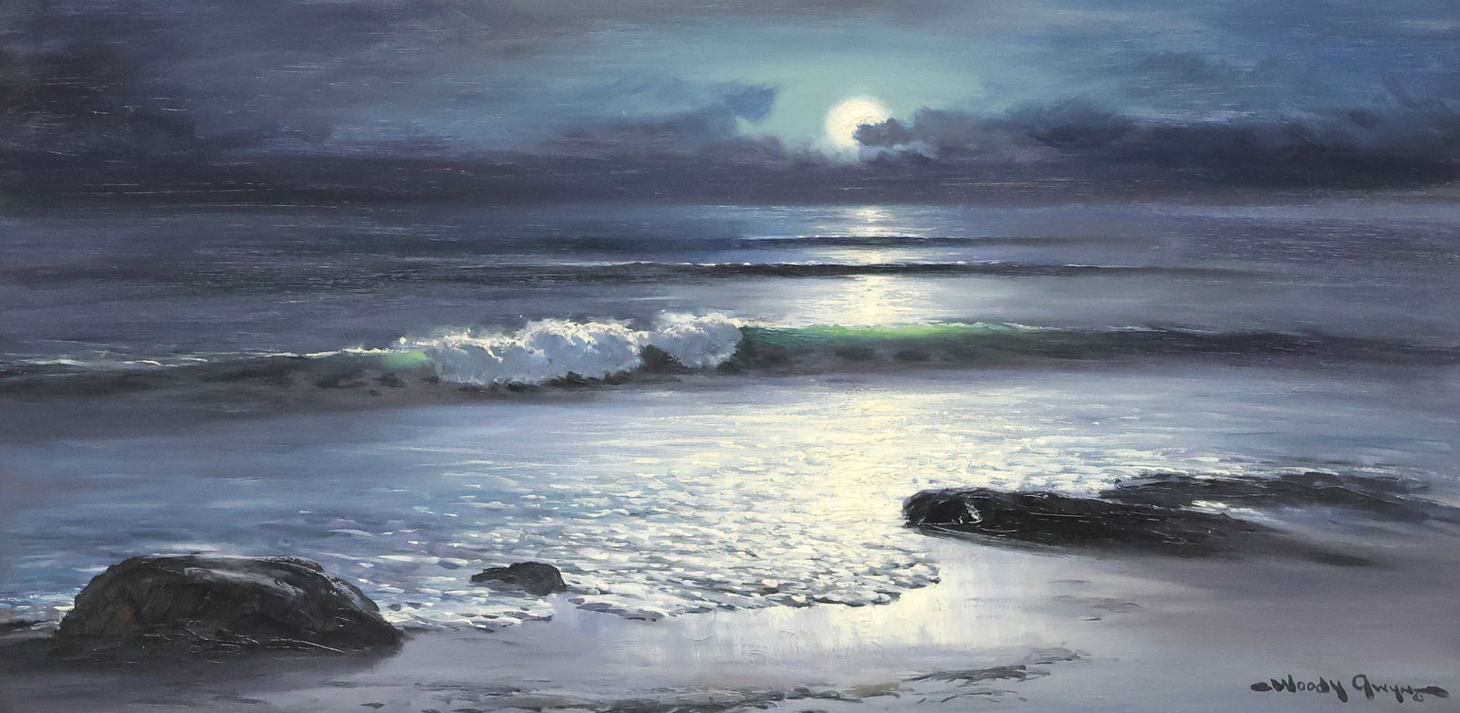 WOODY GWYN (NEW MEXICO, B.1944) SEASCAPE PAINTING, 'MOONGLOW': Framed oil on board painting, "Moonglow," signed lower right Woody Gwyn (New Mexico, b.1944), titled and dated [19]62 with additional artist's signature verso, retaining L'Allegro Galleries, Odessa, T