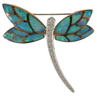 ESTATE ASCH GROSSBARDT 14KT GOLD DIAMOND & OPAL DRAGONFLY BROOCH: Estate 14kt yellow and white gold brooch, Asch Grossbardt, modeled as a dragonfly, row of graduated diamonds, approx 0.37cttw, average color: H-I, average clarity: SI, forming the body, wings mos