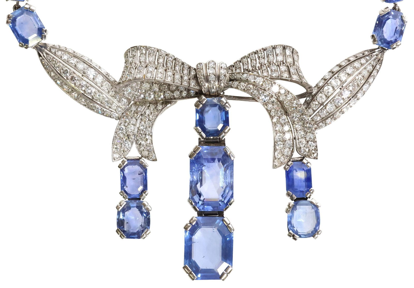 ESTATE PLATINUM 76.59CTTW SAPPHIRE & 10.67CTTW DIAMOND BOW MOTIF NECKLACE (1 of 8)