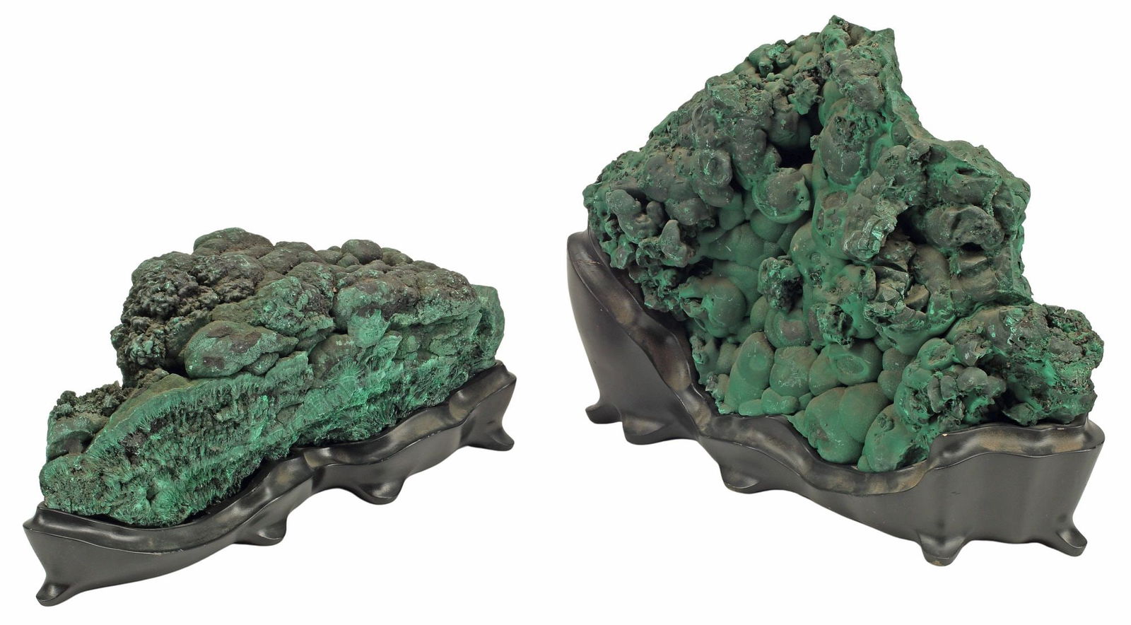 (2) GEOLOGICAL BOTRYOIDAL MALACHITE SPECIMENS ON WOOD STANDS (1 of 5)