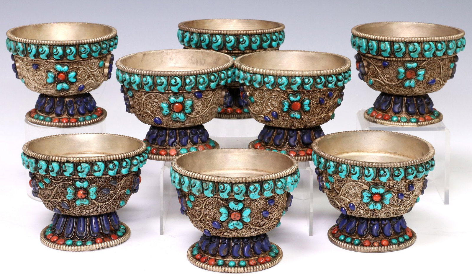 (8) SILVERED METAL FILIGREE & GEMSTONE FOOTED BOWLS: (lot of 8) Silvered metal filigree footed bowls, set with semi-precious stone cabochons, approx 3.25"h, 4"diam; 7lbs total