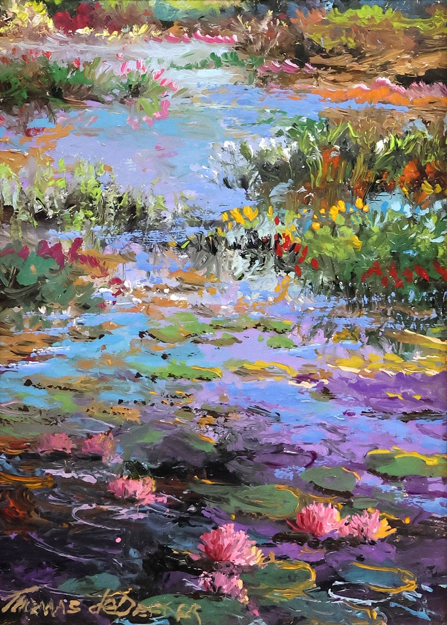 THOMAS deDECKER (B.1951) OIL PAINTING WATER LILIES, 7" X 5" (1 of 5)